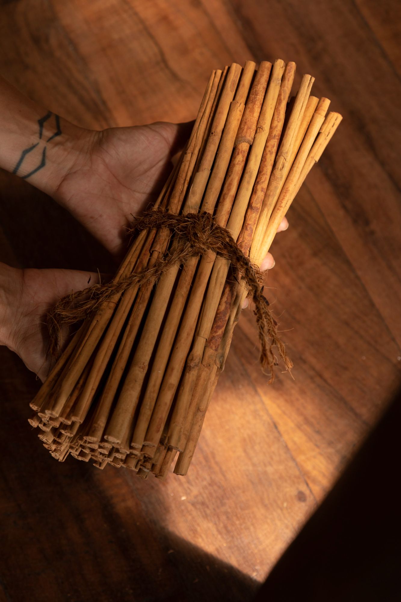Cinnamon bark peeled by hand