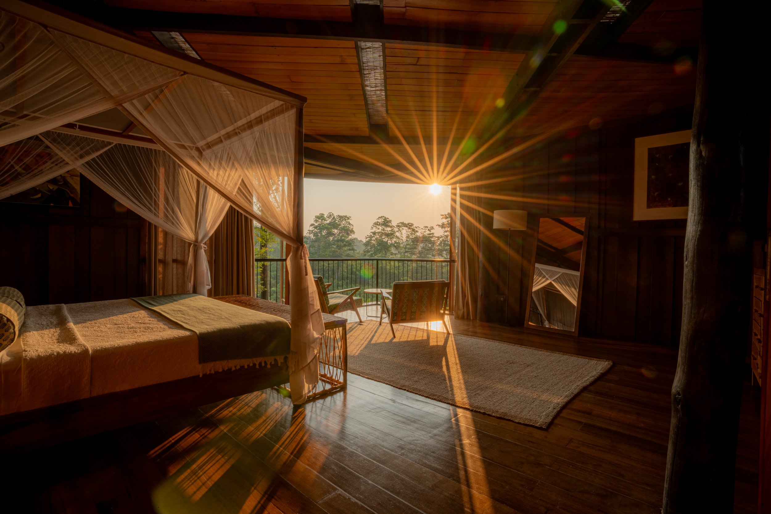 Sunset light across the mezzanine bedroom