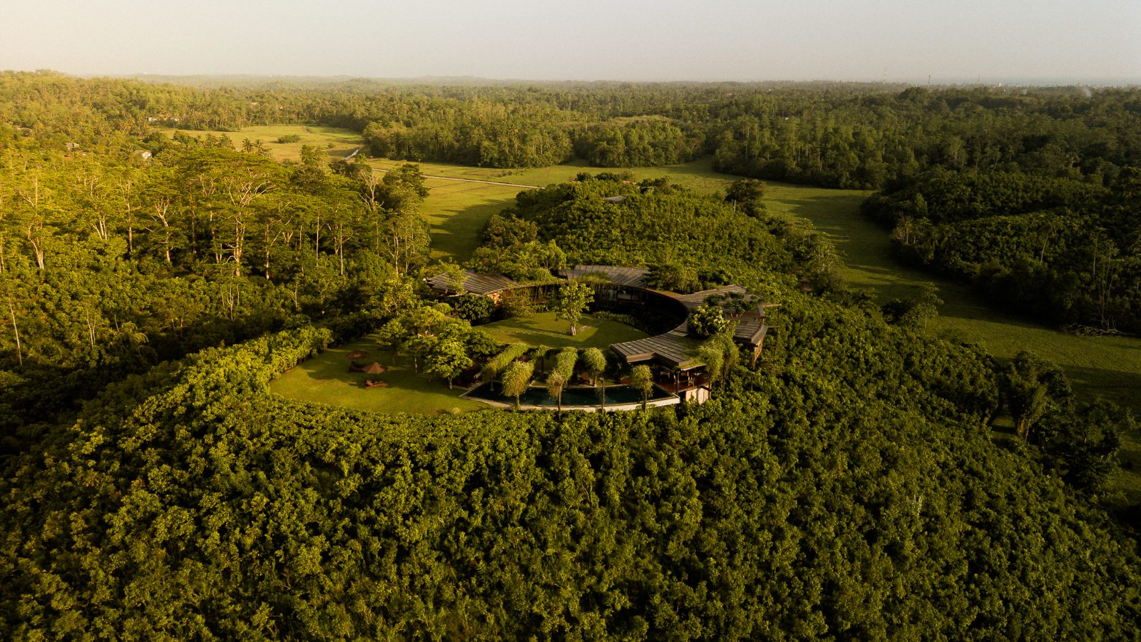 The estate from above, the ocean on the horizon